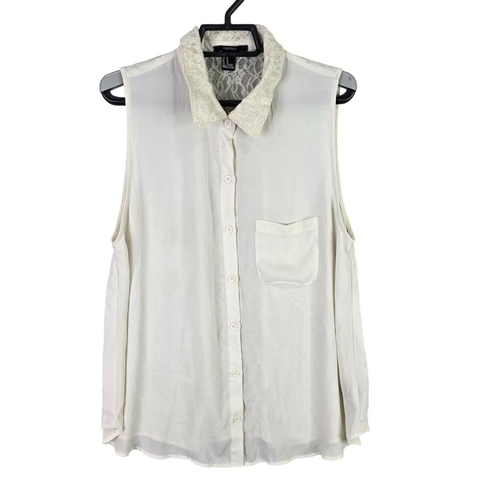 Womens Forever 21 Ivory Sleeveless Shirt Button Up Lace Back Polyester Size M